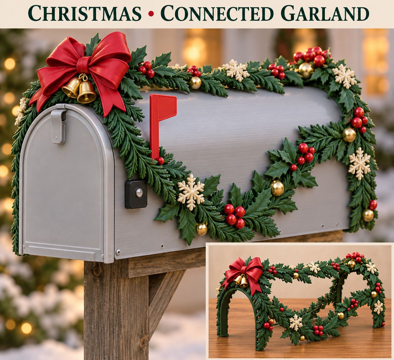 Concept image of the Christmas Connected Garland mailbox cover on a mailbox, with an inset of the garland on its own