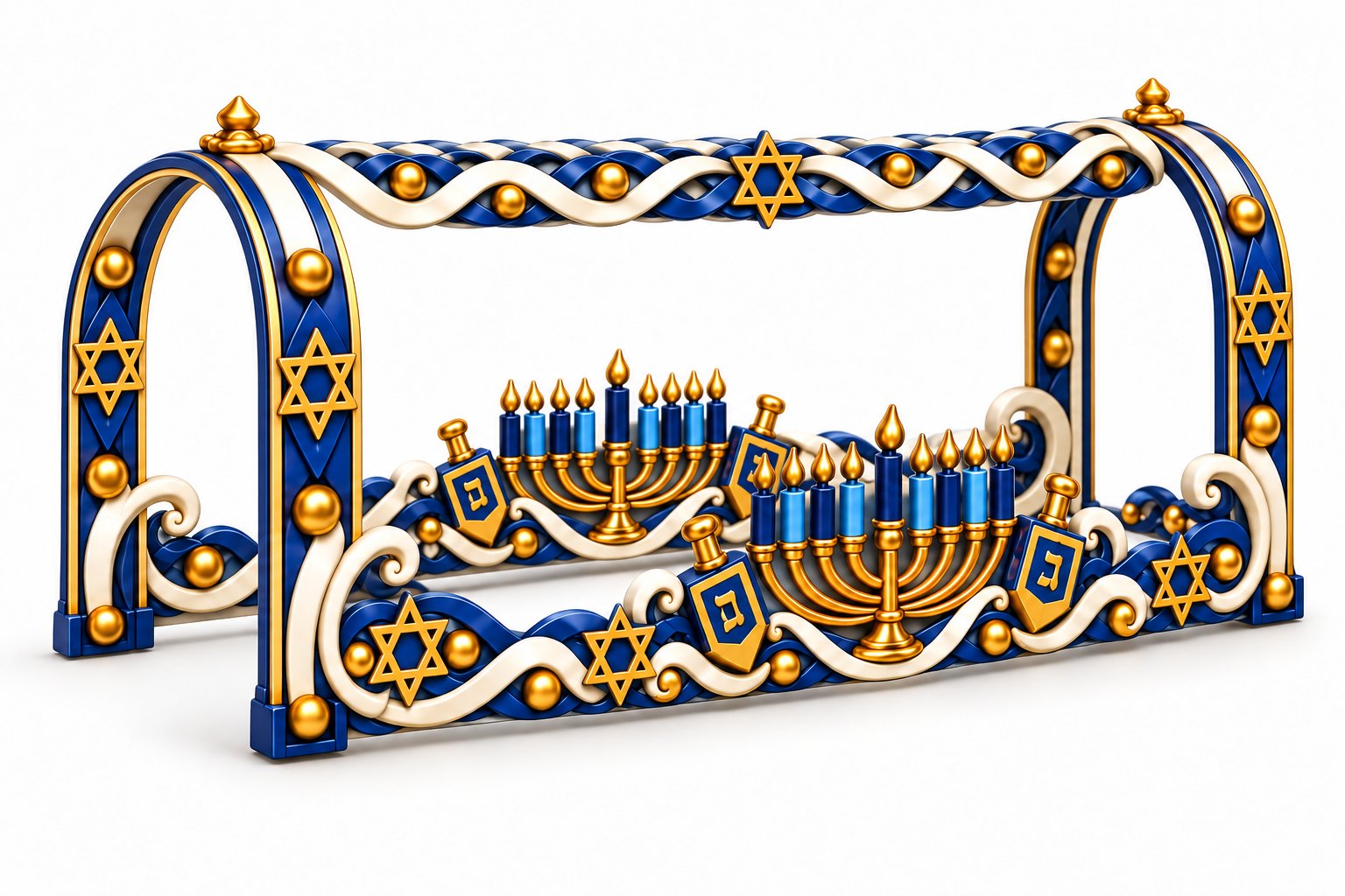 Concept image of the Hanukkah Mailbox Cover in blue and gold: two menorahs with blue candles, dreidels, and Stars of David on the side panels and arches
