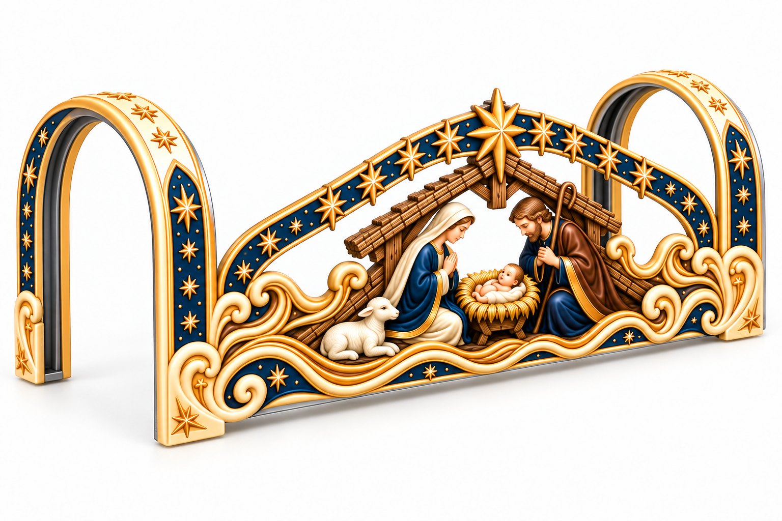 Concept image of the Nativity mailbox cover: Mary, Joseph and the baby Jesus under a stable roof with a gold star above, framed by navy and gold arches