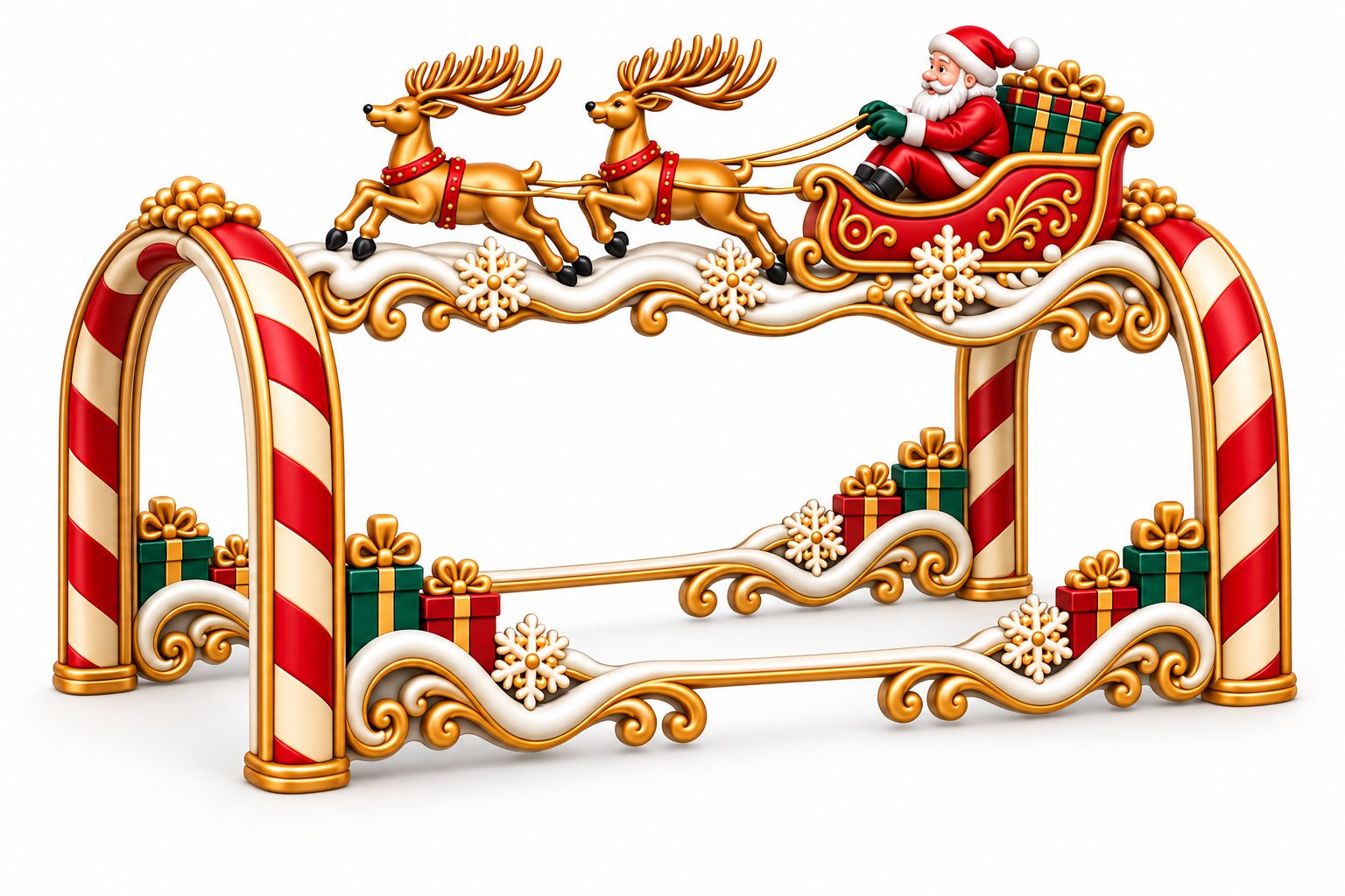Concept image of the Santa's Sleigh Ride mailbox cover: Santa in a red sleigh pulled by two gold reindeer across the top, red-and-white candy-cane arches at each end, and wrapped gifts along the base